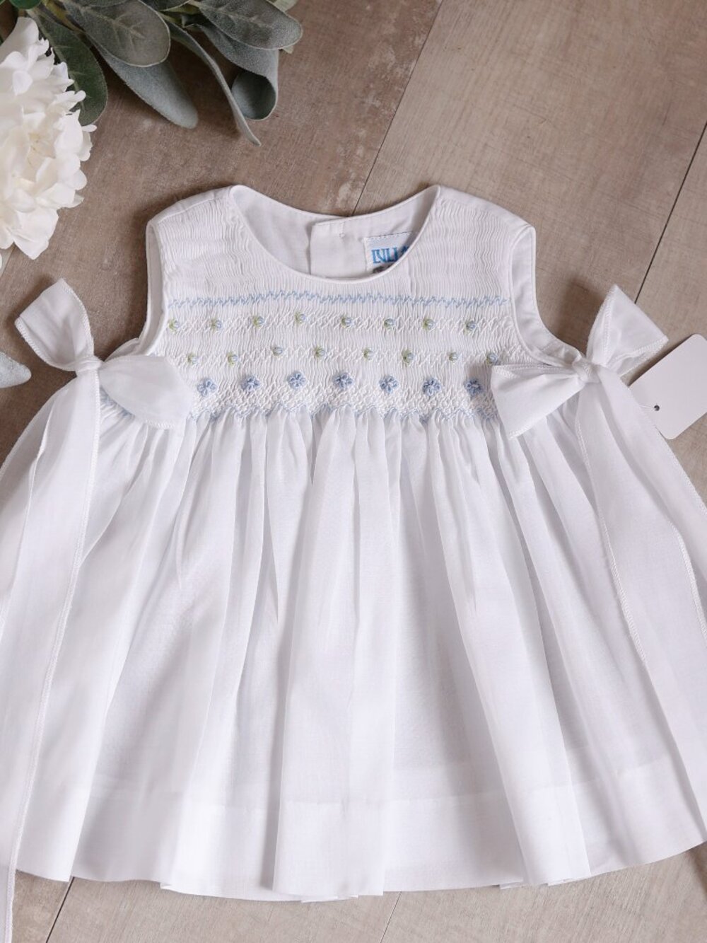 White Smocked Dress Blue Floral Embroidery Luli & Me 3 Months Boutique Side Bows